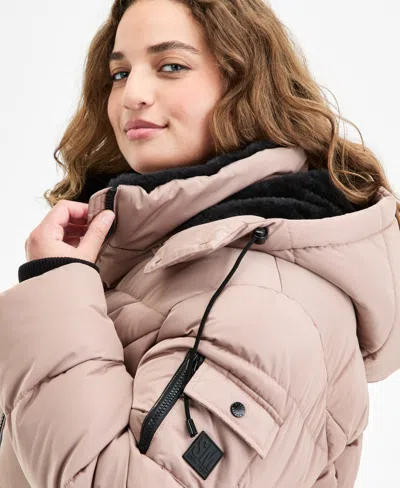 Steve Madden Plus Size Hooded Utility-pocket Puffer Coat In Neutral