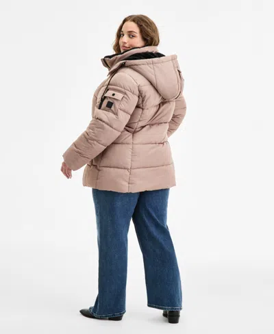 Steve Madden Plus Size Hooded Utility-pocket Puffer Coat In Neutral