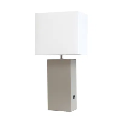 Hivvago 21" Gray Faux Leather Usb Table Lamp With White Shade In Gray