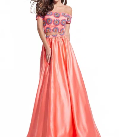 Rachel Allan Matte Satin Beaded Bodice Two-piece Prom Gown In Coral In Pink