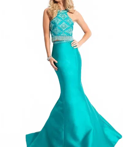 Rachel Allan Two-piece Beaded Mikado Prom Gown In Jade In Blue