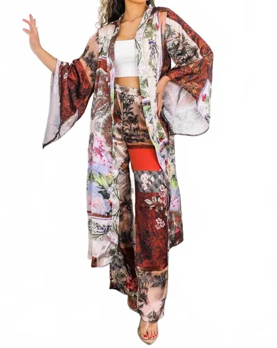 Surelymine Golden Hour Boho Luxe Kimono Set Printed Duster & Wide-leg Pants In Multi In Multi