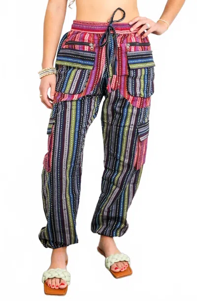 Surelymine Boho Utility Stripe Joggers Multi Pocket Drawstring Pants In Multi