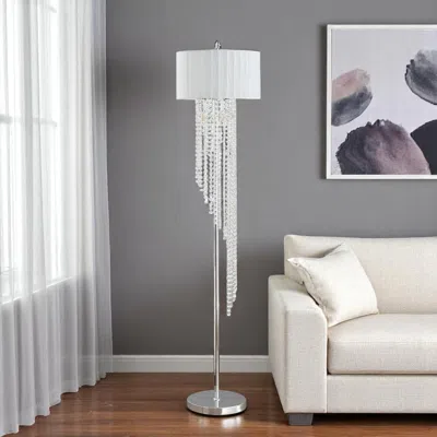 Hivvago 66" Clear And Silver Crystal And Metal Floor Lamp With White Linen Drum Shade In White