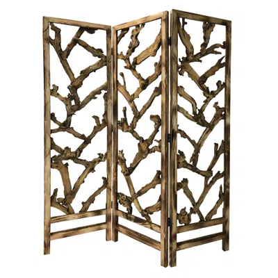 Hivvago Rustic Earthy Wood Root Three Panel Room Divider Screen In Brown