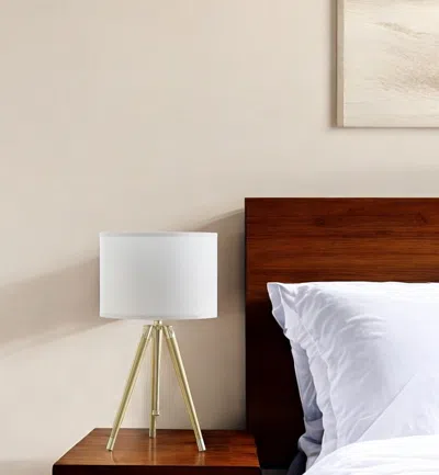 Hivvago Gold Metal Adjustable Height Tripod Table Lamp With White Drum Shade In White