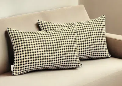 Hivvago Set Of Two 12" X 20" Yellow And Black Houndstooth Fabric Lumbar Throw Pillows In Neutral