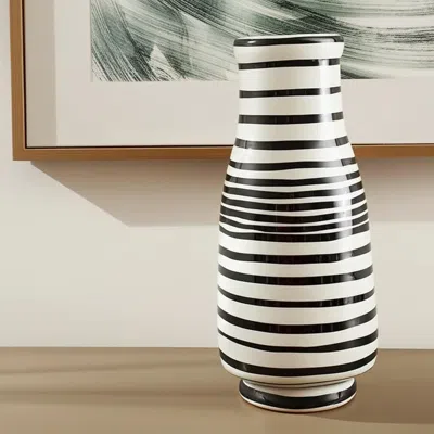 Hivvago 18" Black And White Striped Round Ceramic Table Vase In Black