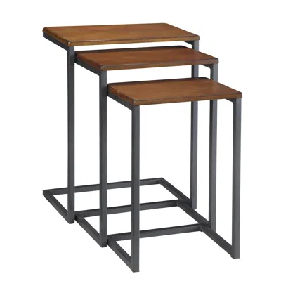 Hivvago Set Of Three Brown And Black Distressed Solid Wood And Metal Frame Nested Tables In Brown