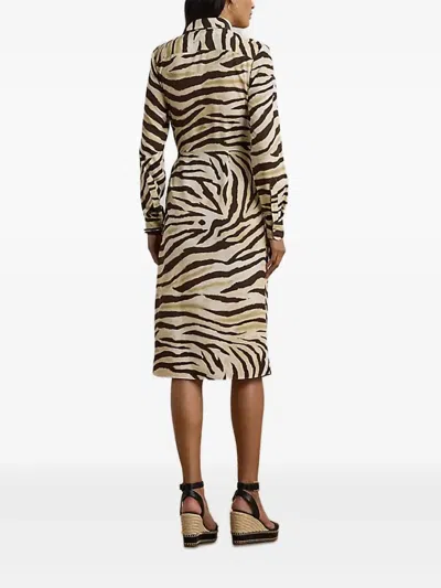 Ralph Lauren Womens Zebra Print Tie Front Crepe Shirtdress 0p 22w In Multi