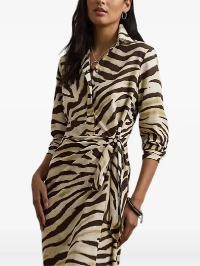 Ralph Lauren Womens Zebra Print Tie Front Crepe Shirtdress 0p 22w In Multi