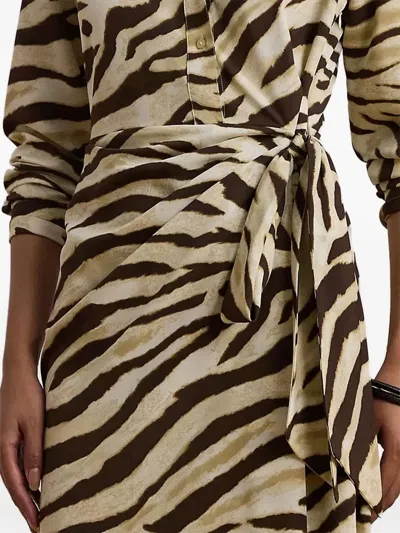 Ralph Lauren Womens Zebra Print Tie Front Crepe Shirtdress 0p 22w In Multi