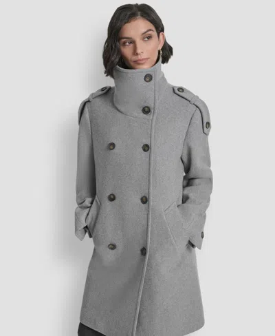 Dkny Women's Double-breasted Funnel Neck Military Coat In Gray