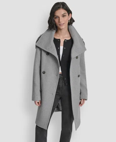 Dkny Women's Double-breasted Funnel Neck Military Coat In Gray