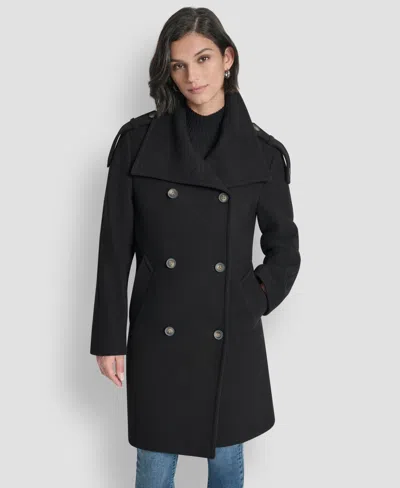 Dkny Women's Double-breasted Funnel Neck Military Coat In Black