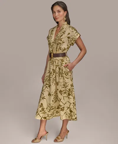 Donna Karan New York Floral Short Sleeve Belted A-line Midi Dress In Multi