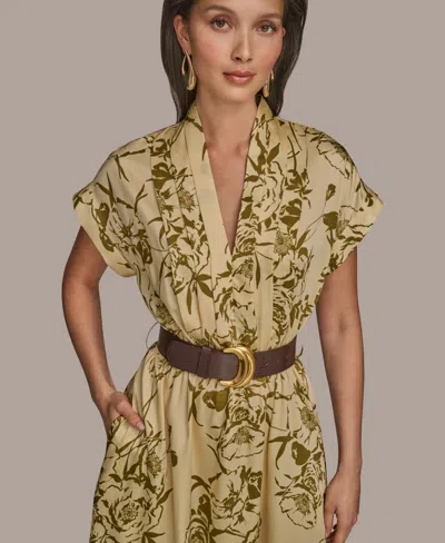 Donna Karan New York Floral Short Sleeve Belted A-line Midi Dress In Multi