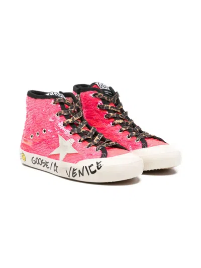 Golden Goose Young Francy In Sequins With Ice-gray Suede Star And Animal-print Laces In Pink