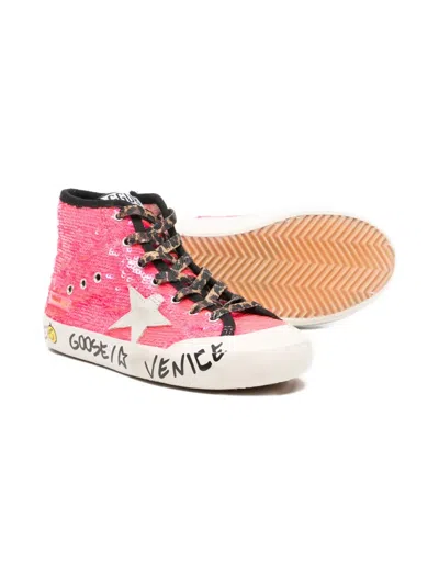 Golden Goose Young Francy In Sequins With Ice-gray Suede Star And Animal-print Laces In Pink