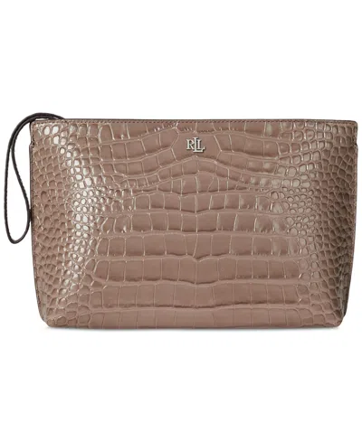 Ralph Lauren Crocodile-embossed Leather Zipper Pouch In Brown
