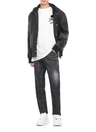 Philipp Plein Bomber Jacket Leather Sleeves In Black