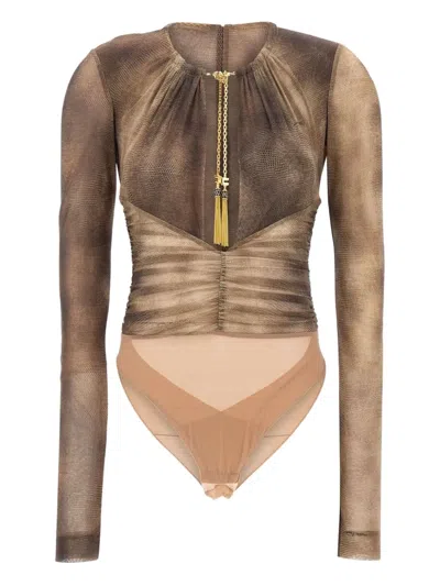 Elisabetta Franchi Bodysuit In Tulle Fabric With Python Print And Necklace In Multi