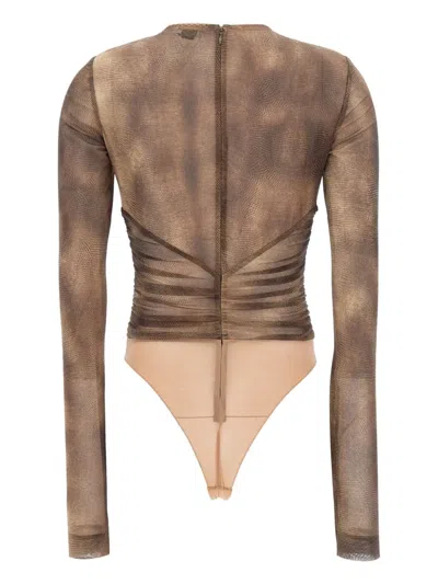 Elisabetta Franchi Bodysuit In Tulle Fabric With Python Print And Necklace In Multi