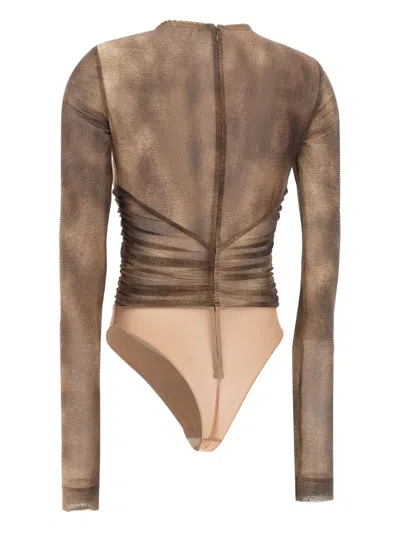 Elisabetta Franchi Bodysuit In Tulle Fabric With Python Print And Necklace In Multi