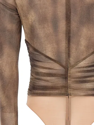 Elisabetta Franchi Bodysuit In Tulle Fabric With Python Print And Necklace In Multi