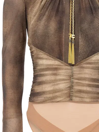 Elisabetta Franchi Bodysuit In Tulle Fabric With Python Print And Necklace In Multi