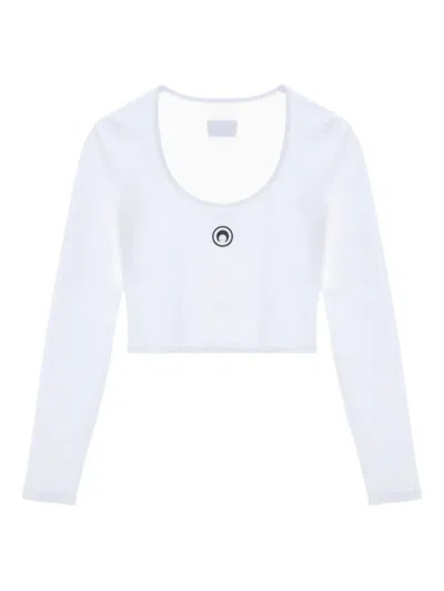 Marine Serre Short Sleeve Cropped Top With Scoop Neck In White