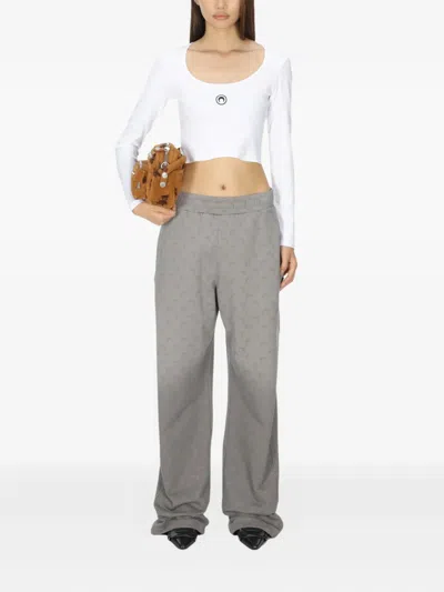 Marine Serre Short Sleeve Cropped Top With Scoop Neck In White