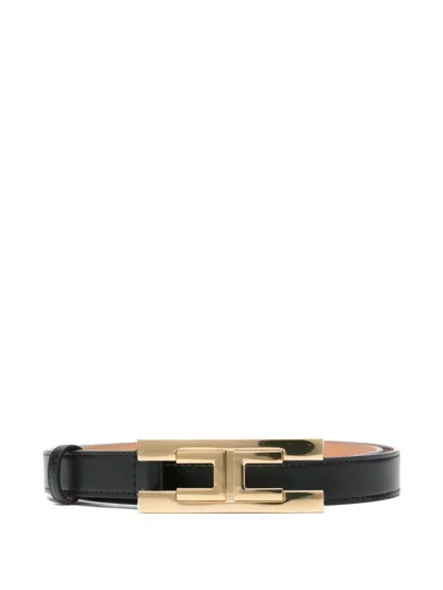 Elisabetta Franchi Black Faux Leather Belt With Gold Logo  In Black