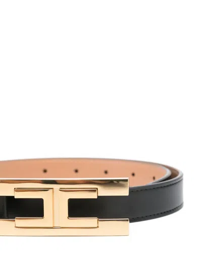 Elisabetta Franchi Black Faux Leather Belt With Gold Logo  In Black