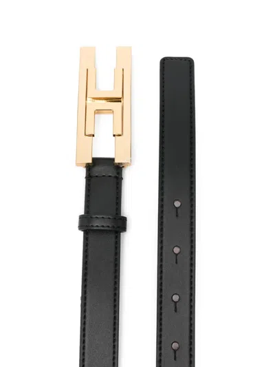 Elisabetta Franchi Black Faux Leather Belt With Gold Logo  In Black
