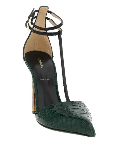 Tom Ford T-bar Ankle Strap Pointed Toe Pumps In Green