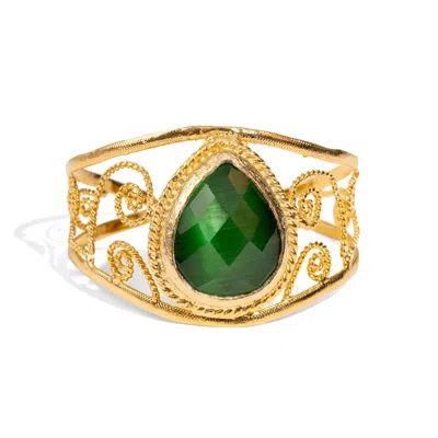 Ebru Jewelry Women's Gold / Green Vintage Green Cat Eye Chunky Cuff Bracelet - Green In Gold
