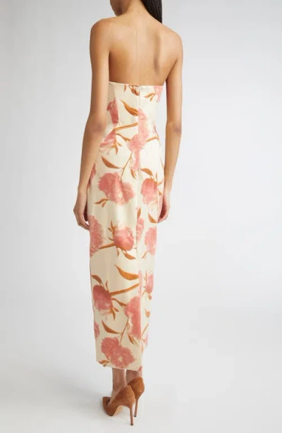 Lela Rose Draped Strapless Floral Sheath Midi Dress In Pink