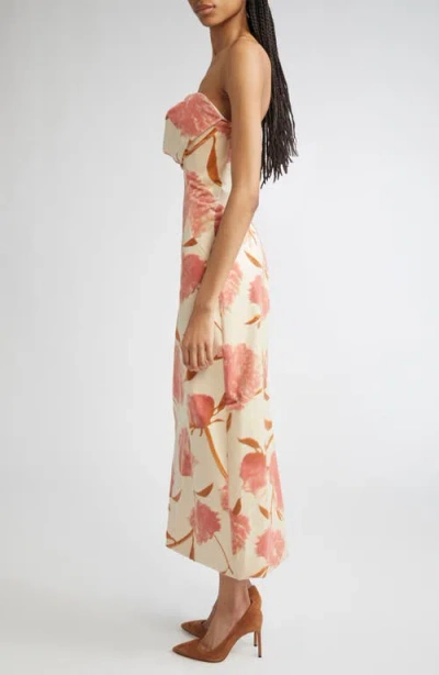 Lela Rose Draped Strapless Floral Sheath Midi Dress In Pink