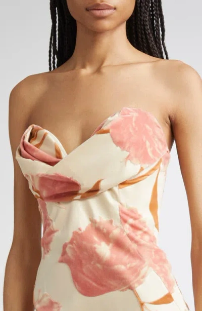 Lela Rose Draped Strapless Floral Sheath Midi Dress In Pink