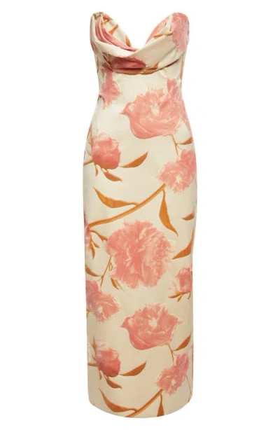 Lela Rose Draped Strapless Floral Sheath Midi Dress In Pink