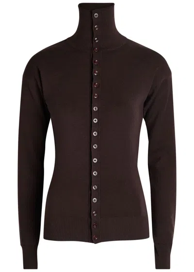 Lemaire Wool Cardigan Featuring High Collar And Ribbed Cuffs In Brown