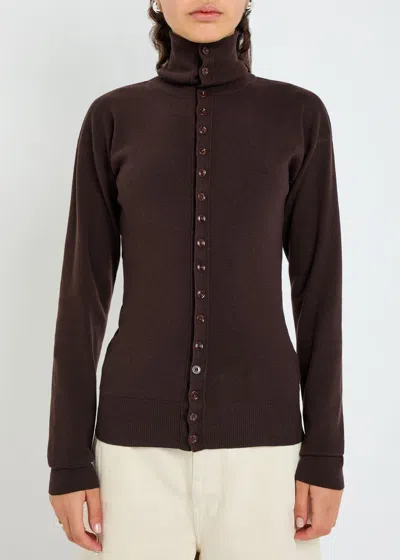 Lemaire Wool Cardigan Featuring High Collar And Ribbed Cuffs In Brown