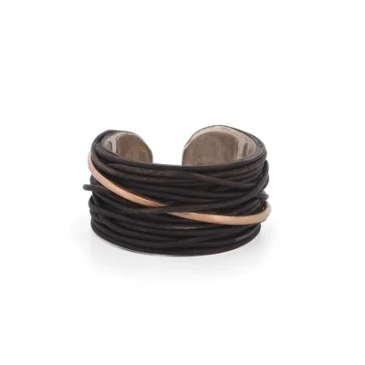 Ebru Jewelry Men's Gold / Black / Silver Men's Sterling Silver & Black Leather Ring With Gold Accent - Black In Black