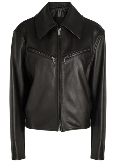 Lemaire Brown Boxy Leather Blouson Jacket In Black