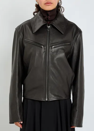 Lemaire Brown Boxy Leather Blouson Jacket In Black