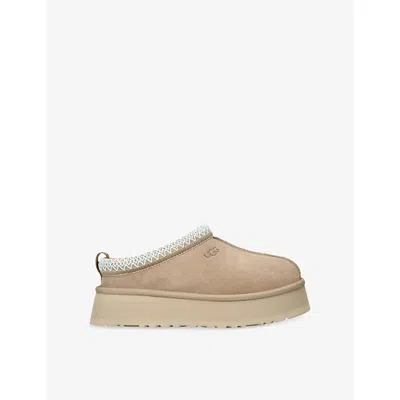 Ugg Tazz Wool-blend Fleece-lined Embroidered Suede Platform Slippers In Neutral