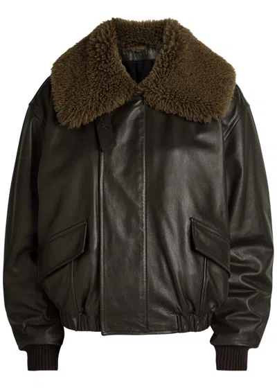 Lemaire Leather Blouson With Shearling Collar Dark Espresso In Brown