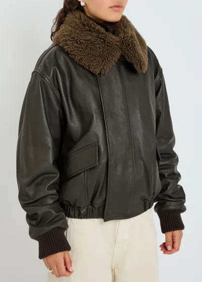 Lemaire Leather Blouson With Shearling Collar Dark Espresso In Brown