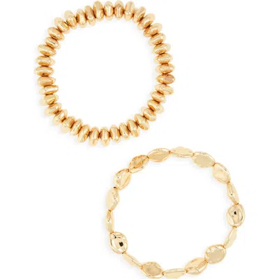 Open Edit Set Of 2 Pebble & Disc Beaded Stretch Bracelets In Gold